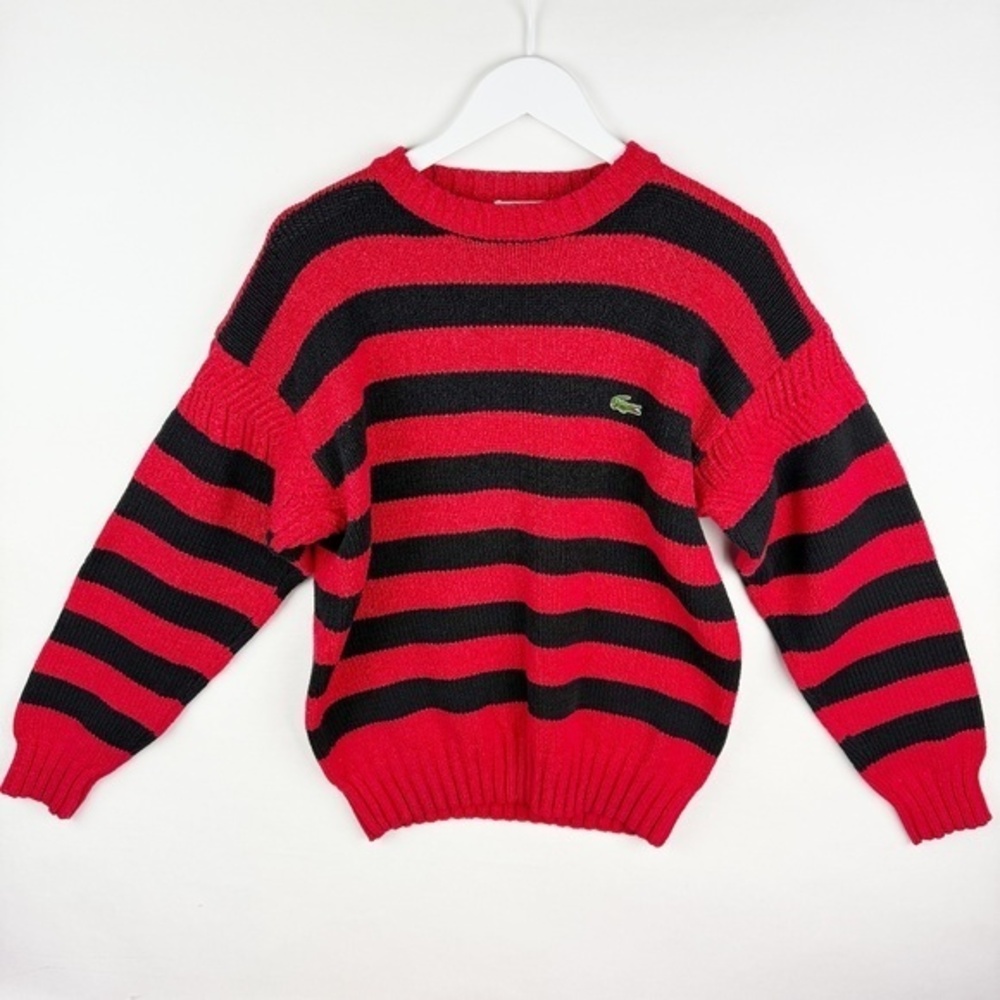 Lacoste Vintage Sweater Red and Black Stripes Lacoste Crocodile Logo Crewneck L